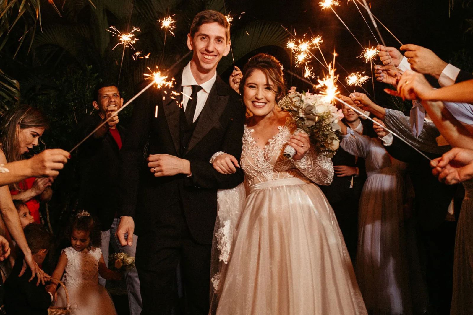 Sparkler send-off from above, night exposure